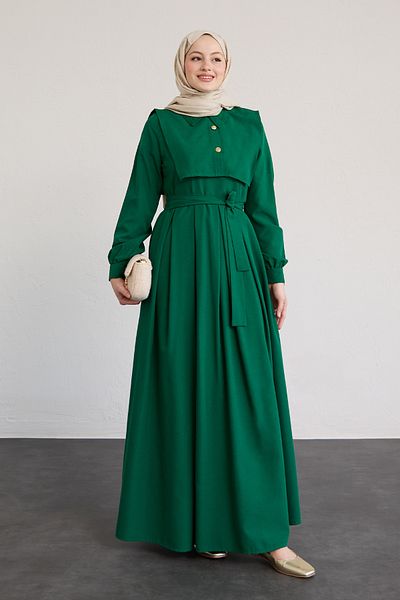InStyle Bolero-Knopfdetail-Kleid in Smaragdgrün