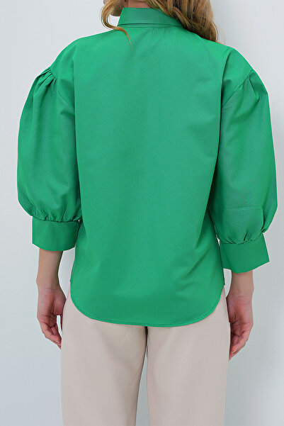VAGGON Women's Green Balloon Sleeve Hidden Placket Woven Shirt Prm0722
