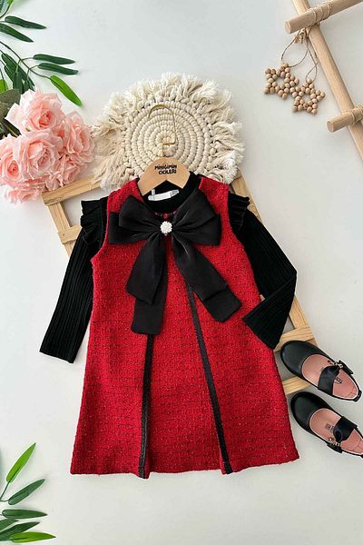 Minigimin Cicileri My Little One's Cicileri Chanel Fabric Satin Bow Detailed Girl's Dress and Bodysuit Combination - Red