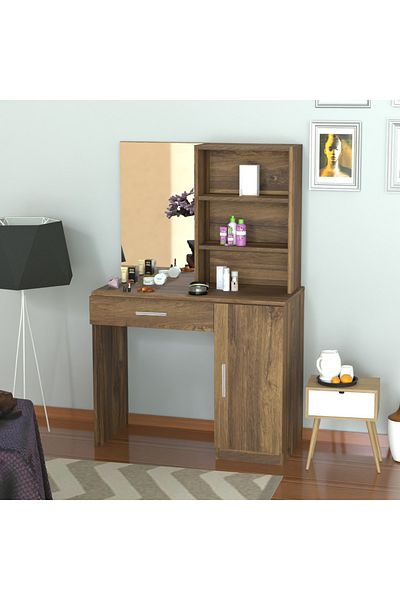 Mahmayi Modern Dresser With Vanity Mirror and Open Shelves Ample Leg Room-Vintage Santa Fe Oak