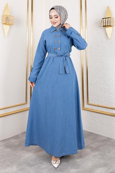 Modamihram Light Blue Detalleli Denim Dress with Button 19366 Model