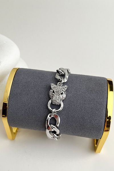 Modex Silver Color Tiger Figured Stone Chain Bracelet (18cm)