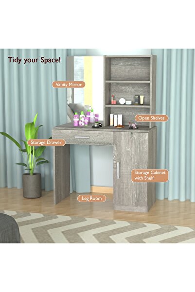 Mahmayi Modern Dresser With Vanity Mirror and Open Shelves Ample Leg Room-Grey Brown whiteriver Oak