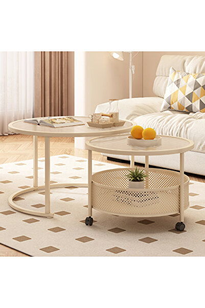 sharpdo Small Size Cream Style Changhong Glass Combination Double Round Coffee Table