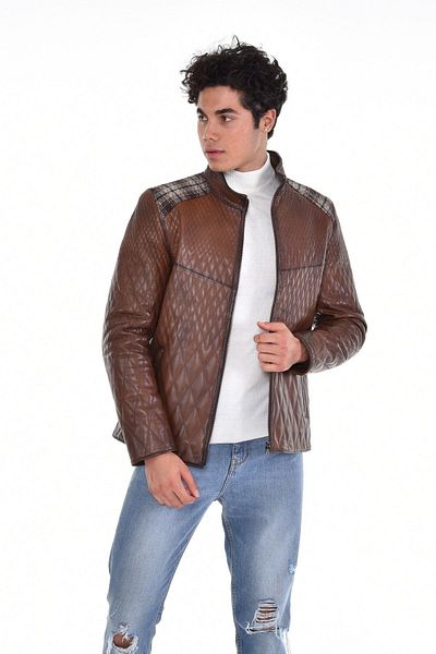 DeriWork Genuine Leather Zippered Diamond Patterned Men's Leather Jacket Brown