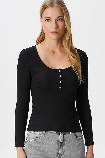 Ritnice Bluză neagră cu mânecă lungă, cu nasturi, cu aspect de corset din bumbac Sophia
