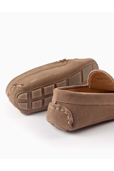 Ziddy Suede Moccasins for Boys, Dark Beige