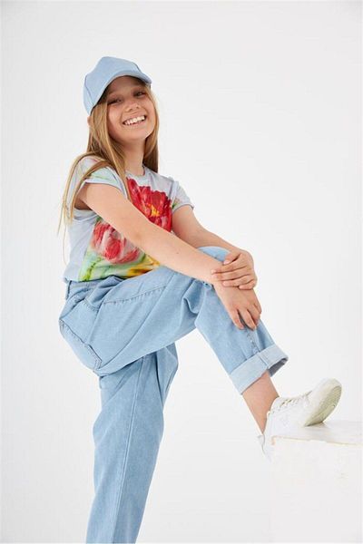 Hilal Akıncı Kids Girl's Patterned Oversize T-Shirt Blue Denim Trousers Hat Set of 3