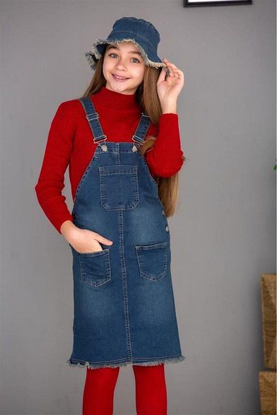 Hilal Akıncı Kids Girl's Denim Salopet Half Turtleneck Sweater Denim Hat 4-Piece Set