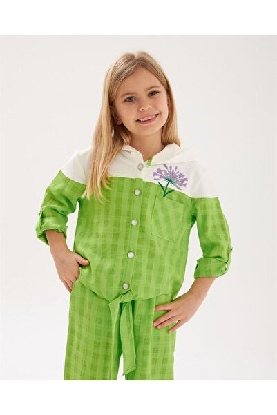 Hilal Akıncı Kids Set de 2 piese pentru fetiță, cu nasturi perle, broderie, cămașă cu cravată în față