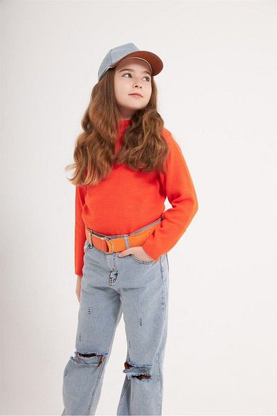 Hilal Akıncı Kids Girl's Plain Knitwear Sweater Wide Leg Jeans Trousers Colorful Belt Hat 4-Piece Set