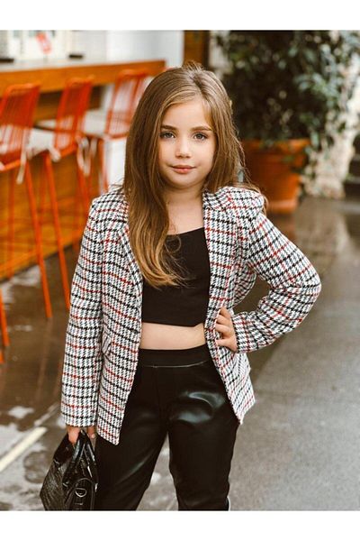 Hilal Akıncı Kids Girl's Red Houndstooth Patterned Blazer Jacket Black Leather Leggings Double Set