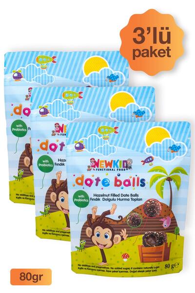 newkid Çocuklar için Vegan, Probiyotik Meyve Topu - 3lu Firsat Pakedi Fındık Kaplamalı ve Fındık Dolgulu 80