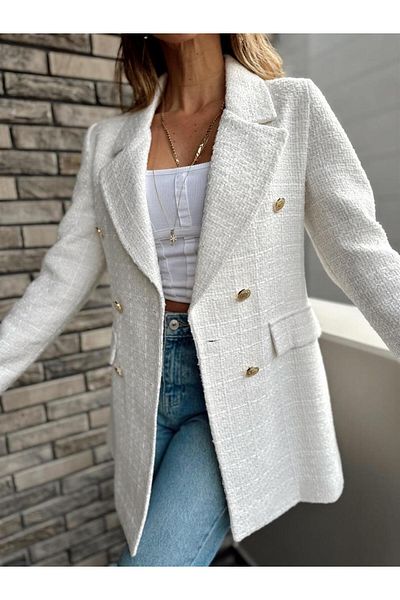 Maldia Shop Women's Gold Buttoned Double Breasted Tweed Jacket