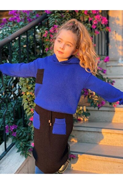 Hilal Akıncı Kids Πλεκτό με κουκούλα για κορίτσια Φούτερ Πολύχρωμη φούστα τσέπης 3 τεμαχίων