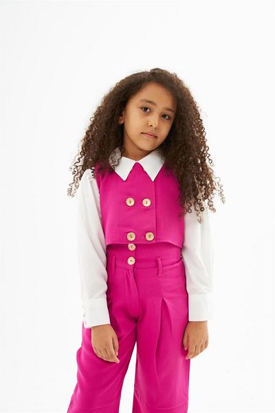 Hilal Akıncı Kids Girl's Gold Button Detailed Vest and Wide Leg Trousers White Shirt 3-Piece Set