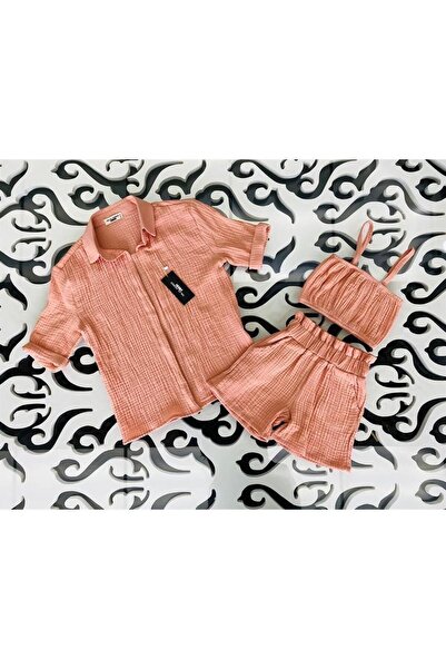 Hilal Akıncı Kids Girl's Strappy Crop Blouse, Elastic Waist Detailed Shorts and Comfortable Fit Shirt 3-Piece Set