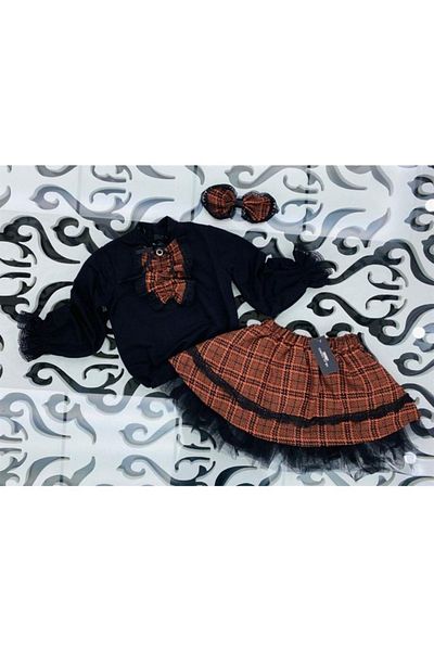 Hilal Akıncı Kids Girl's Piece Detailed Black Blouse Plaid Patterned Skirt Buckle 3-Piece Set