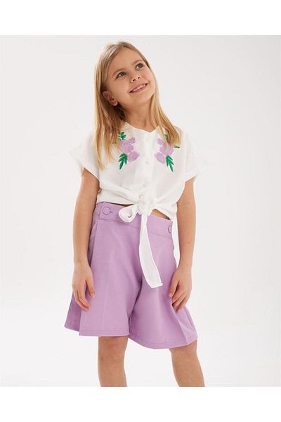 Hilal Akıncı Kids Girl's Embroidery Detailed Front Tie White Shirt Pocket Shorts Set of 2