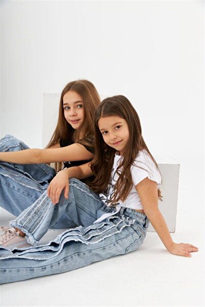 Hilal Akıncı Kids Κοριτσίστικο χορευτικό γραπτό δεμένο μπλε τζιν παντελόνι 2 τεμαχίων