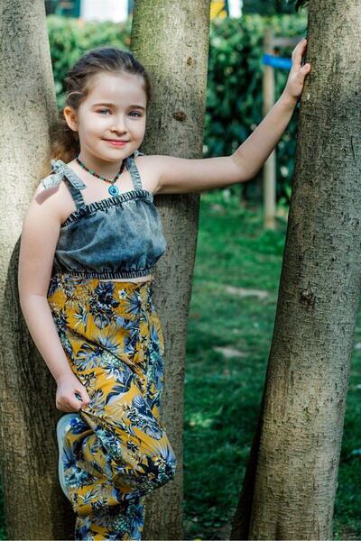 Hilal Akıncı Kids Girl's Leaf Patterned Loose Trousers Denim Bustier Double Set