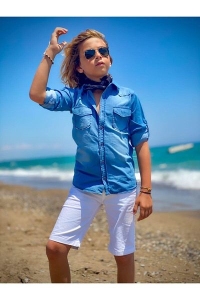 Hilal Akıncı Kids Boy's Denim Shirt Shorts Set of 2