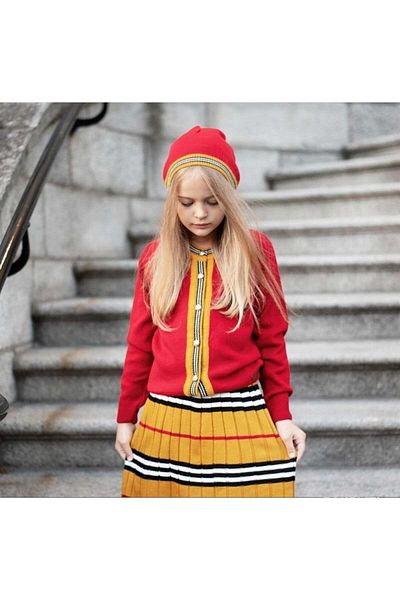 Hilal Akıncı Kids Girl's Crew Neck Knitwear Cardigan Striped Skirt Beret 3-Piece Set