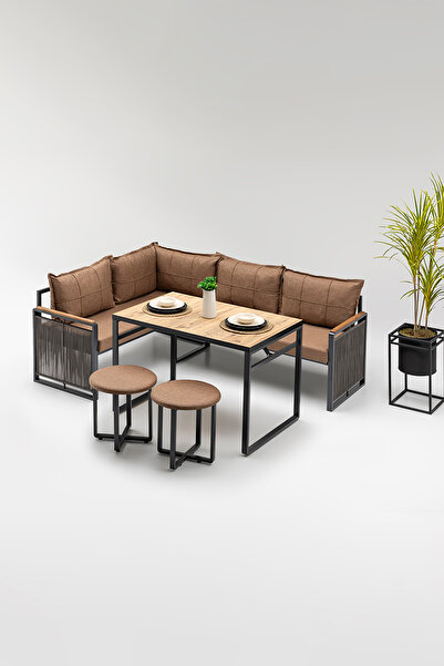 Wood House MOTTO (MASA VE PUFLU) KÖŞE TAKIMI KAHVE-ANTRASİT (BALKON-BAHÇE-MUTFAK)