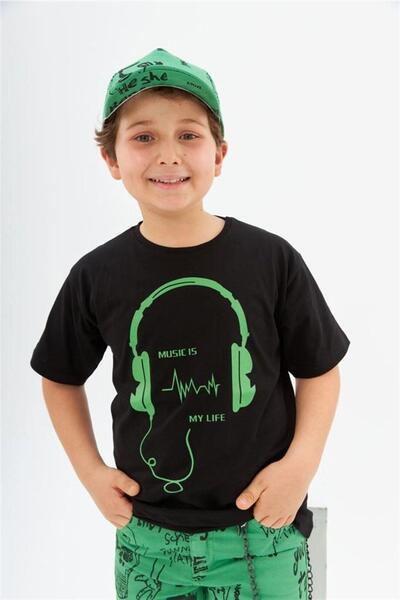 Hilal Akıncı Kids Boy's Headphone Printed Black T-Shirt with Chain Lettering Denim Shorts Hat 2-Piece Set