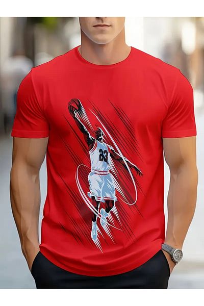 PENTHİLUS Men's 3D Letter Basketball Printed T-Shirt Breathable Lightweight Comfortable Geometric Pattern