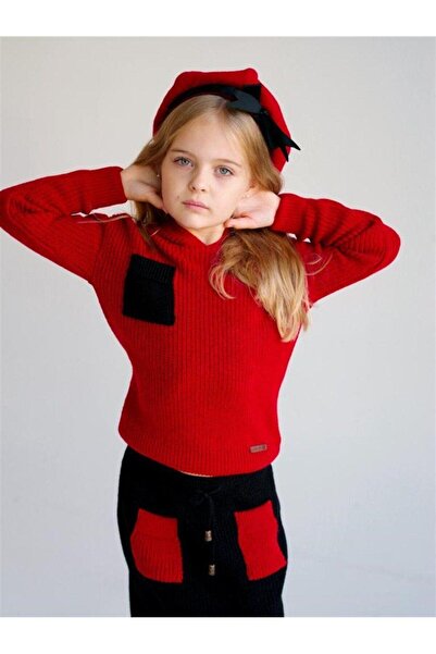 Hilal Akıncı Kids Kız Çocuk Kapüşonlu Triko Sweatshirt Renkli Cepli Etek 3'lü Takım