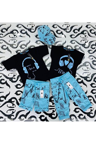 Hilal Akıncı Kids Căști pentru fete, tricou negru imprimat, blugi cu lanț, cu scris, Capri, fără pălărie, set de 2 piese