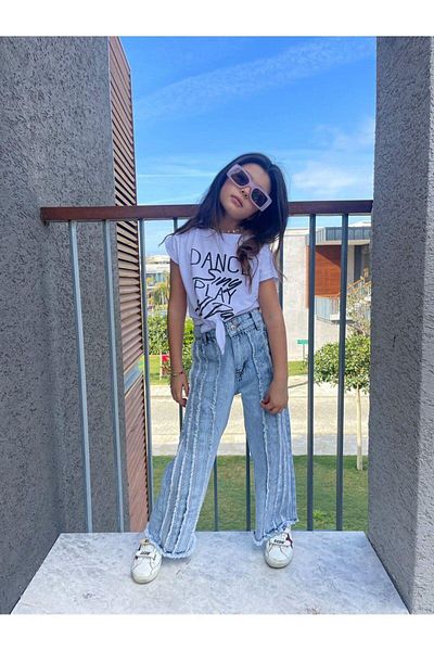 Hilal Akıncı Kids Girl's Dance Lettered Tied Piece Blue Jeans Set of 2