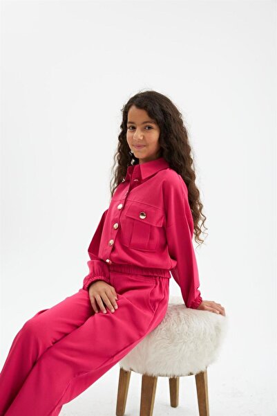 Hilal Akıncı Kids Κοριτσίστικο χρυσό κουμπί με λεπτομέρεια διπλό ύφασμα μακρυμάνικη μπλούζα και παντελόνι 2 τεμαχίων