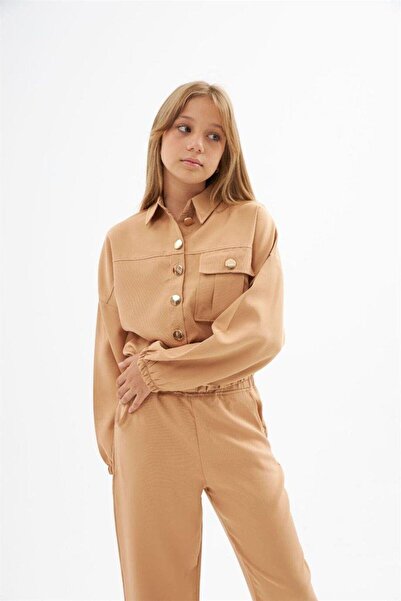Hilal Akıncı Kids Κοριτσίστικο χρυσό κουμπί με λεπτομέρεια διπλό ύφασμα μακρυμάνικη μπλούζα και παντελόνι 2 τεμαχίων