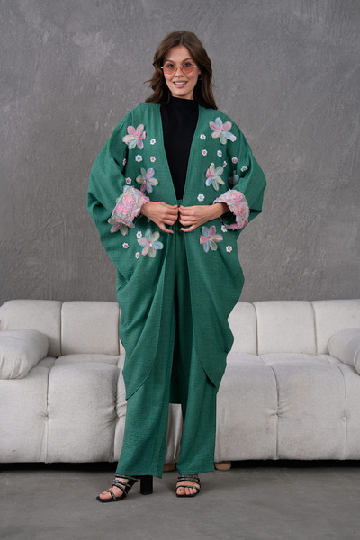 Miss Allos طقم كيمونو وبنطلون من الكتان مطرز بالزهور من التول والتطريز على ال...