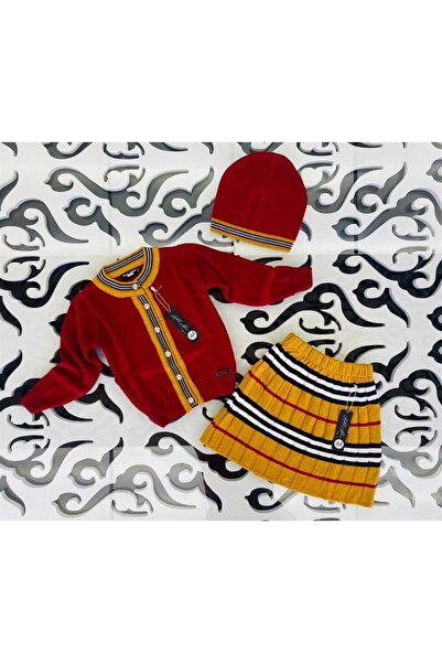 Hilal Akıncı Kids Tricotaj pentru fete cu decolteu în formă de cardigan, fustă cu dungi, set de 3 piese