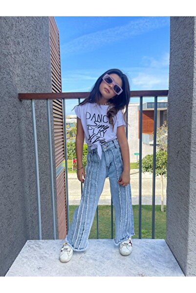 Hilal Akıncı Kids Κοριτσίστικο χορευτικό γραπτό δεμένο μπλε τζιν παντελόνι 2 τεμαχίων