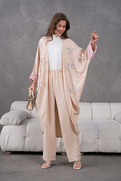 Miss Allos Women's Front Embroidered Tulle Flower Embroidered Stone Detailed Linen Kimono and Pant Bottom Top Set