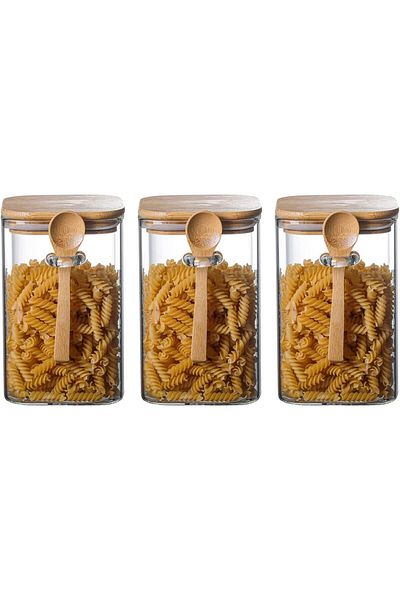 AKDC 800ml Square Glass Jar with Wooden Lid & Spoon – Airtight Borosilicate Canister [Set of 3]