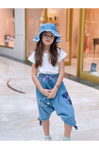 Hilal Akıncı Kids Girl's Solid Color T-Shirt Patterned Pocketed Denim Bag Hat Set of 4