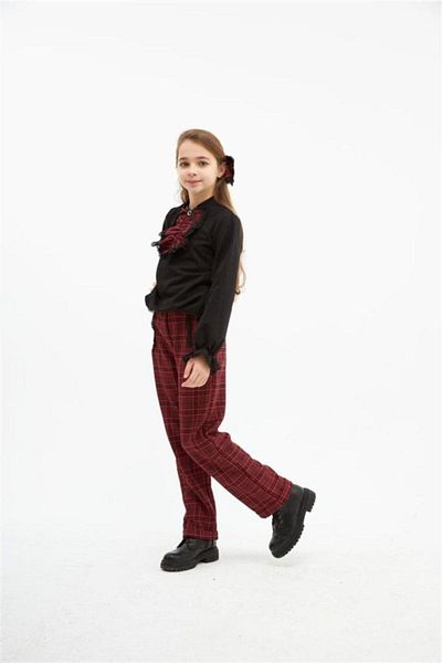 Hilal Akıncı Kids Girl's Piece Detailed Black Blouse Plaid Patterned Trousers Buckle 3-Piece Set