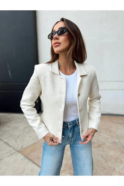 Maldia Shop Women's Sequin Detail Tweed Fabric Ecru Blazer Jacket