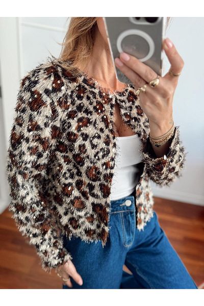 Maldia Shop Γυναικείο Leopard Feather Sequin Cream Jacket 1400