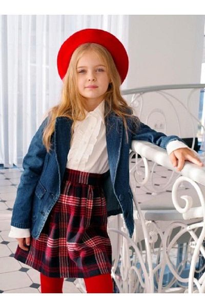 Hilal Akıncı Kids Blazer pentru fete Blazer din denim Cămașă albă Fusta în carouri Set 3 piese