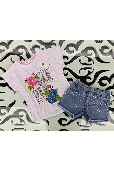 Hilal Akıncı Kids Set de două piese pentru fete, model de grădină, tricou cu buline, pantaloni scurți din denim perlat