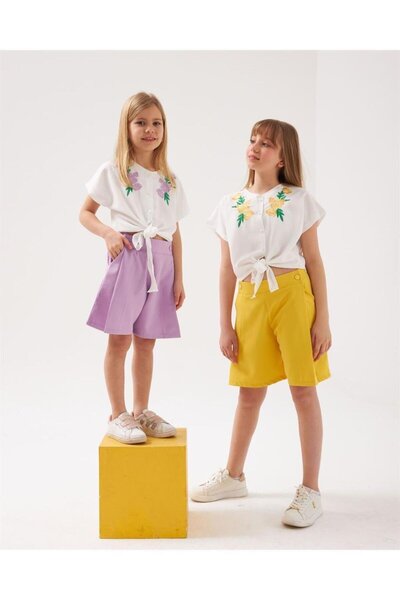 Hilal Akıncı Kids Set de 2 piese pentru fete, cu broderie, cămașă albă cu buzunare, cu cravată în față