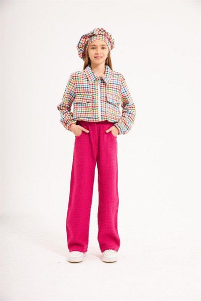 Hilal Akıncı Kids Κοριτσίστικο υφασμάτινο μπουφάν Chanel με φαρδύ παντελόνι καπέλο 3 τεμαχίων