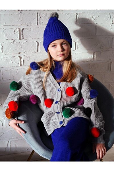 Hilal Akıncı Kids Момиче Помпон Сива плетена жилетка без ръкави Вътрешна горн...