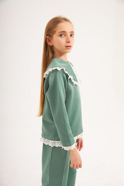 Hilal Akıncı Kids Girl's Mobile Collar Blouse Brode Detailed 2-Piece Set